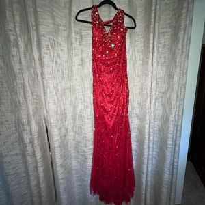 Red halter prom dress.